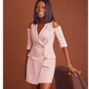 Zara Basic Pink Cold Shoulder Double Breasted Blazer Dress Pearl Buttons Size S